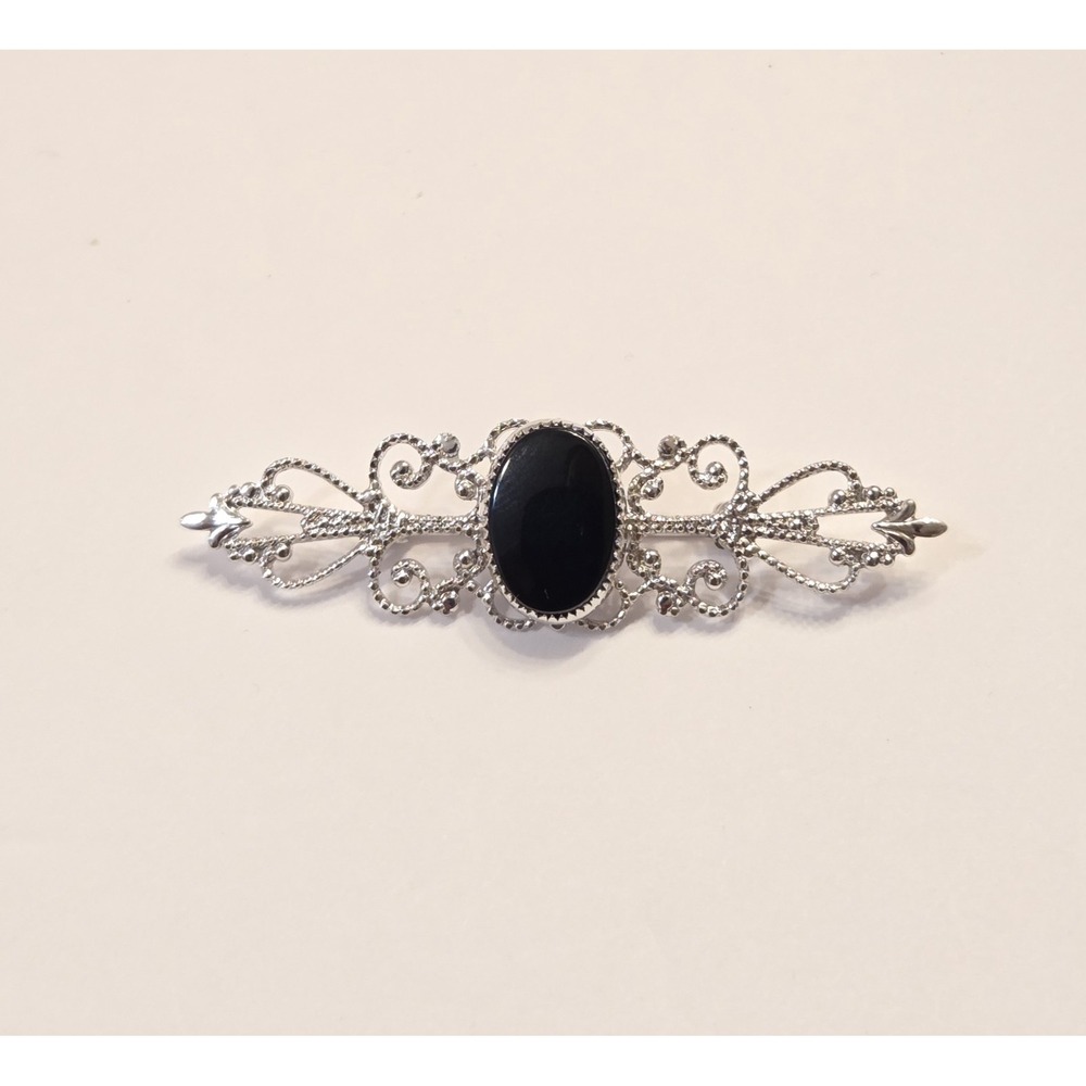 Ornate Vintage Beau Sterling Silver & Onyx Brooch Pin